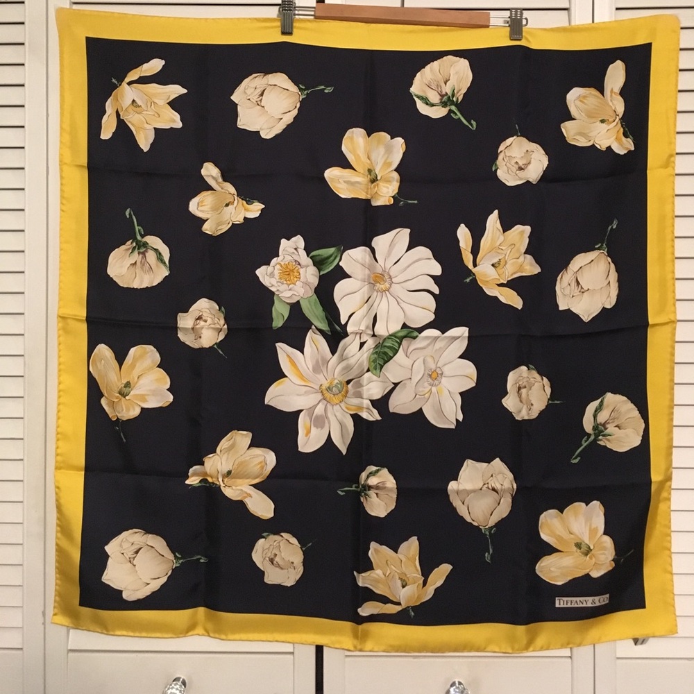 Tiffany & Co. Navy Blue and Yellow Floral Silk Scarf